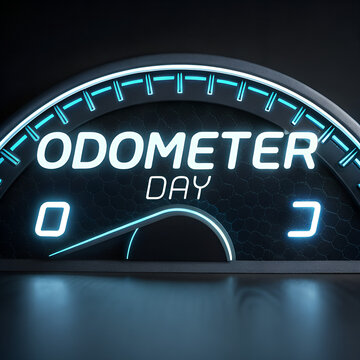 Futuristic neon odometer day sign with glowing digital gauge on dark textured surface.