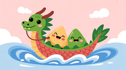 Obraz premium Cute Dragon Boat with Smiling Zongzi Celebrating the Chinese Dragon Boat Festival.