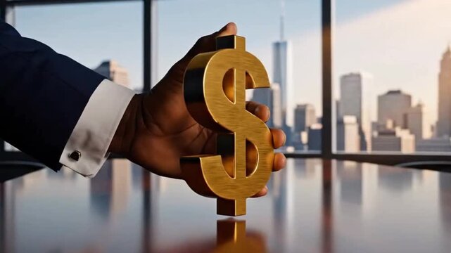 Golden dollar sign placed on corporate boardroom table overlooking city skyline in a cinematic steady cam panning shot for investment banking marketing