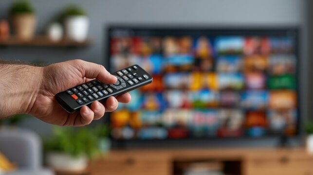 Person's hand holding a remote control, aiming at a blurred television screen with content
