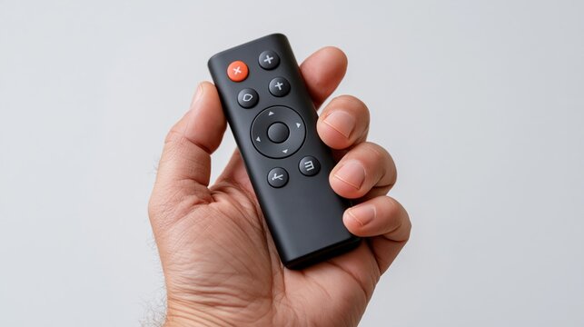 Close up of a hand holding a black remote control with buttons against a white background