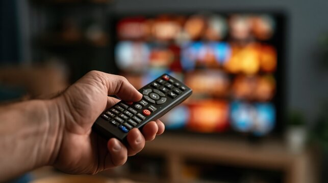 Hand holding a remote control to select content on a blurred streaming service screen