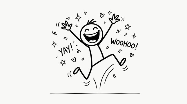 Overjoyed stick figure man ecstatically jumping with an open mouth, surrounded by "YAY!" and "WOOHOO!" text, hearts, and stars, celebrating triumph on an isolated white background.