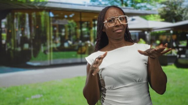 African american woman in white dress gestures with hands and raised shoulders in front of glass building, wearing glasses; uncertainty communication.