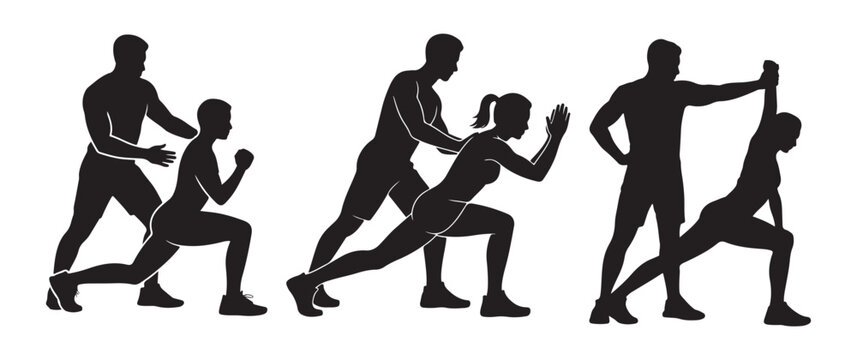 Silhouettes of fitness trainers guiding athletes through workout exercises in a gym with personal tra