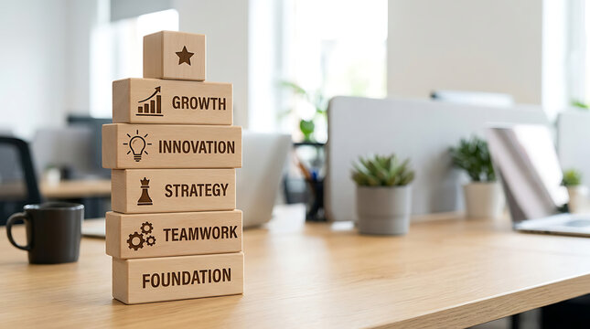 Business growth foundation teamwork strategy innovation concept with wooden blocks office desk.