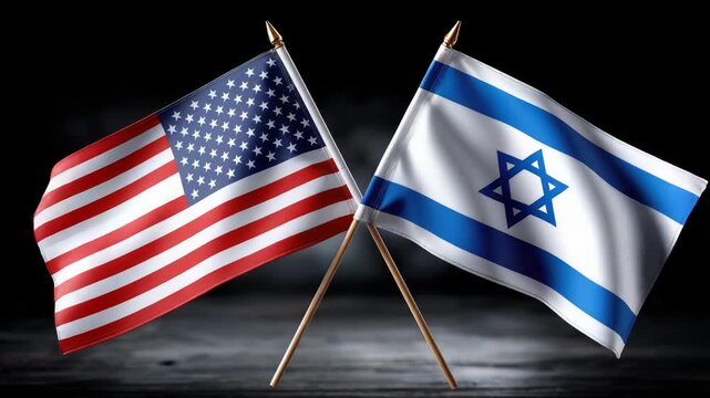 United States and Israel flags crossing on poles, representing the robust diplomatic ties, political alliance, and shared interests between these two sovereign nations