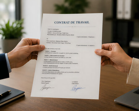 French employment contract held by two hands, professional contrat de travail document, corporate hiring and recruitment process, signed legal agreement isolated on White Background