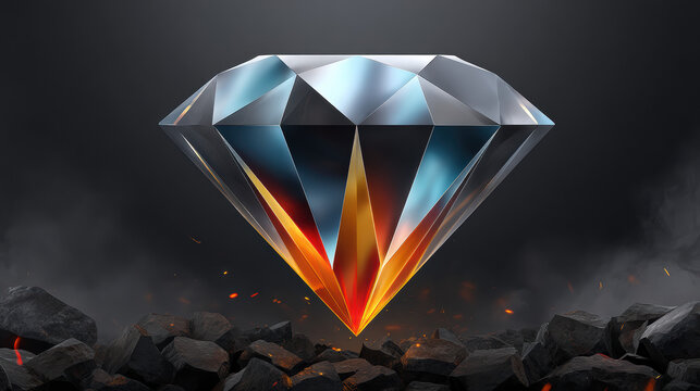 A radiant diamond gem shines brightly against a dark background amidst smolde coals, symbolizing value, beauty, and the transformation from rough to refined perfection.