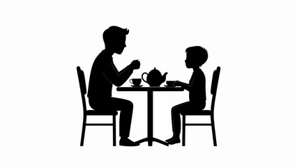 Fototapeta premium Silhouette of father and child having tea, family bonding moment, black silhouette icons, people sitting at table isolated on White Background