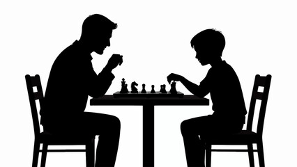 HAPPY FATHERS DAY Silhouette of man and boy playing chess, black silhouette, table game, strategy, board game Vactor EPS © Alif