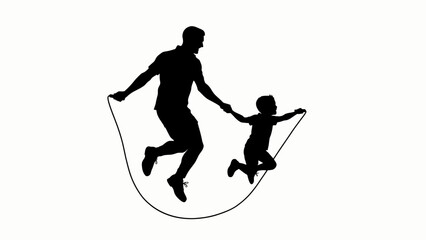 Naklejka premium Jumping Rope, Silhouette Illustration, Father and Child, Fitness Icon isolated on White Background