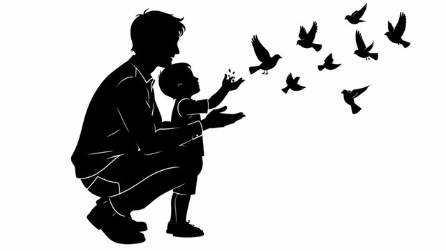 Silhouette of man and child releasing birds, black illustration, father son moment, wildlife freedom isolated on White Background