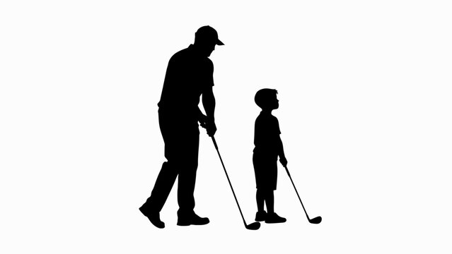 Golf, father, son, silhouette, black, illustration, golfing, sports, leisure, activity isolated on White Background