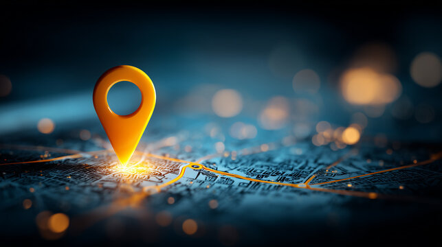 A map location pin placed on a digital route, symbolizing navigation accuracy, destination search and connected travel planning.
