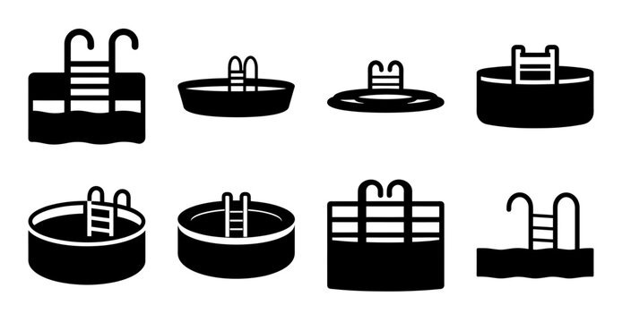 Eight swimming pool icons with ladders and people - Black and white vector icons of swimming pools with various features like ladders, people, and different styles for versatile design use.