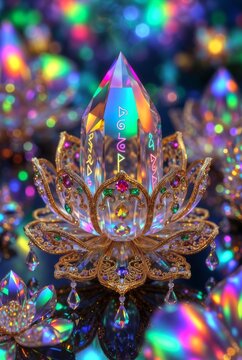 Fiore di loto in cristallo magico con rune luminose e riflessi prismatici colorati