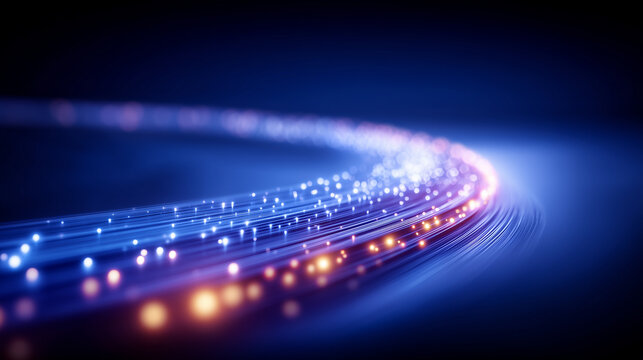 Curved fiber optic data streams with bright particles, symbolizing high speed connectivity and digital communication infrastructure.
