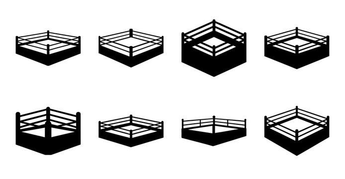 Wrestling ring with ropes and corner posts - Illustrated collection of wrestling ring designs showing ropes, corner posts, and mat variations in black and white vector style.
