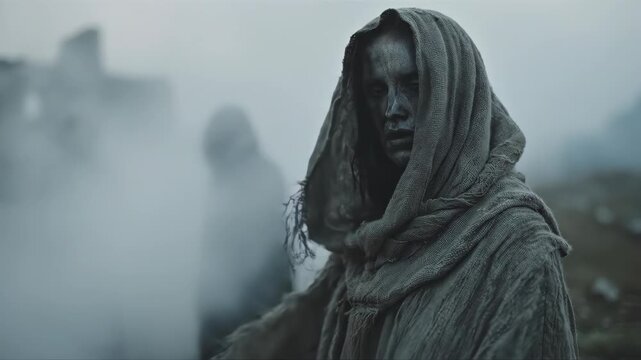 Hooded woman and figures emerging from fog in ancient ruins. Mysterious silhouettes in misty landscape. Atmospheric horror and fantasy concept.