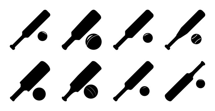Black cricket and baseball bats with balls icon set - Minimalist black and white icon set showing cricket and baseball bats with balls, ideal for sports-related projects or designs.