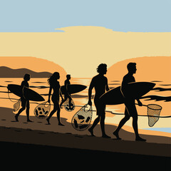 Fototapeta premium Silhouette of group of surfers walking on beach at sunset