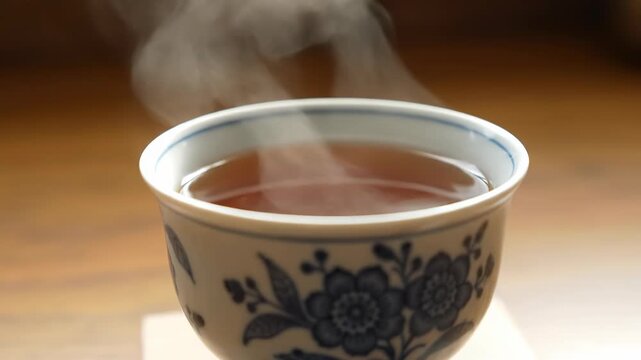 A steaming cup of tea sits on a wooden surface. The delicate porcelain cup features a blue floral pattern.