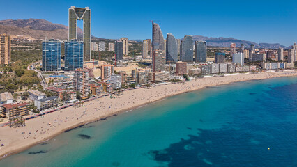 Fototapeta premium Aerial coastline with skyscrapers and beach Benidorm Spain.