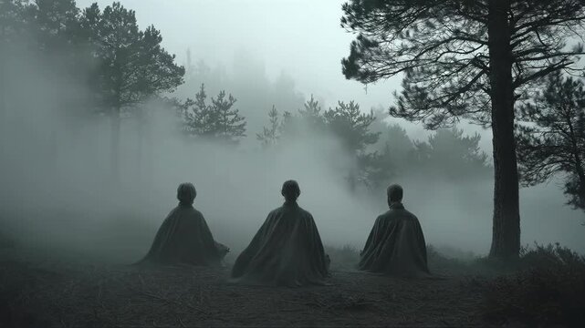 Group of robed people meditating in misty forest. Silhouettes sitting in lotus position then extending hands in circle. Spiritual zen practice sequence in foggy woodland for mindfulness and nature
