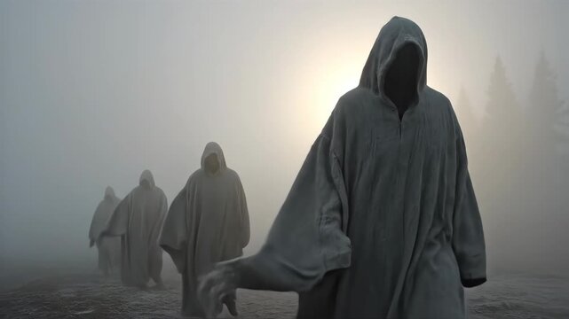 Group of hooded figures walking through misty forest toward sunrise. Mysterious procession in fog with cloaked silhouettes. Ethereal journey and atmospheric nature exploration concept.