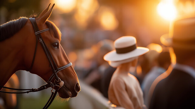 Horse stands near crowd at horse race during sunset with people in background enjoying the event