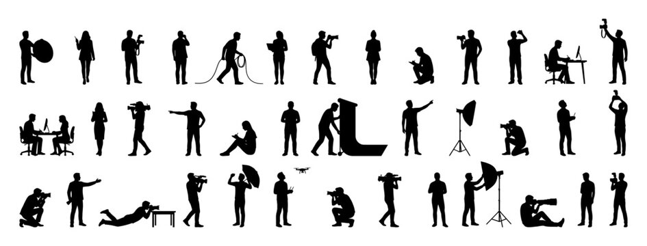 Photography and videography silhouettes of professional media crews | Camera operators and photographers in action poses black vector icon set