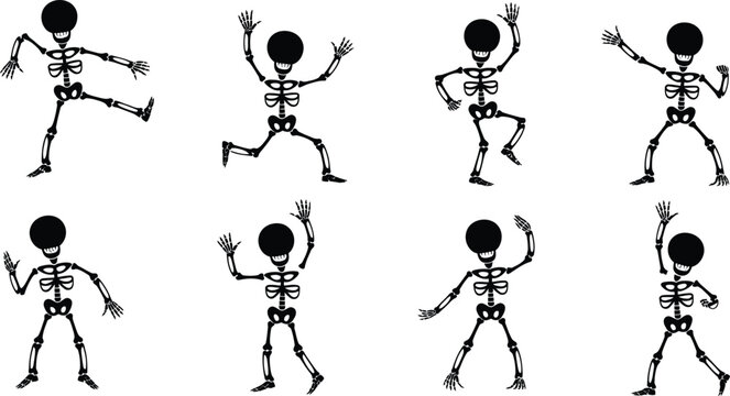 Playful cartoon skeleton dance set, eight smiling skeleton characters in dynamic poses, Halloween party vector icons, festive bones