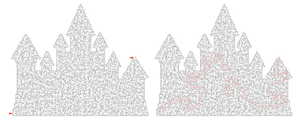 Obraz premium Castle shape maze labyrinth puzzle with solution