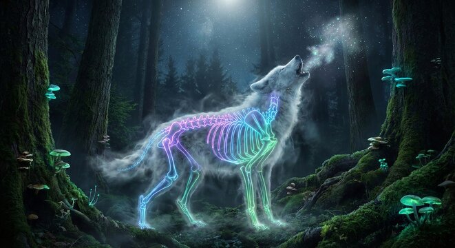 Majestic white wolf with glowing neon skeletal structure howling in a dark mystical night forest