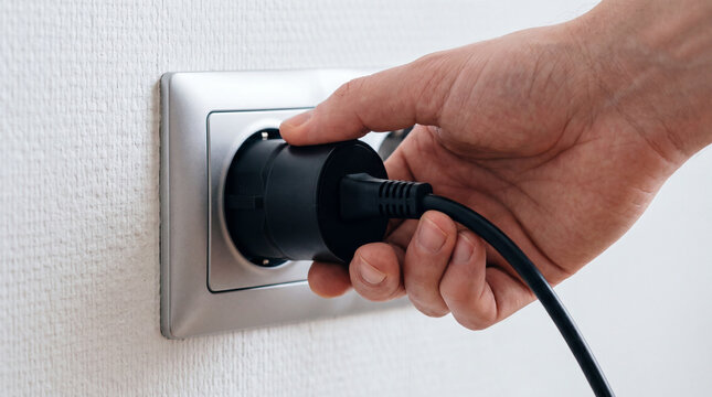 Plugging the power supply into an outlet, wired charging of equipment, mains power, plug and socket