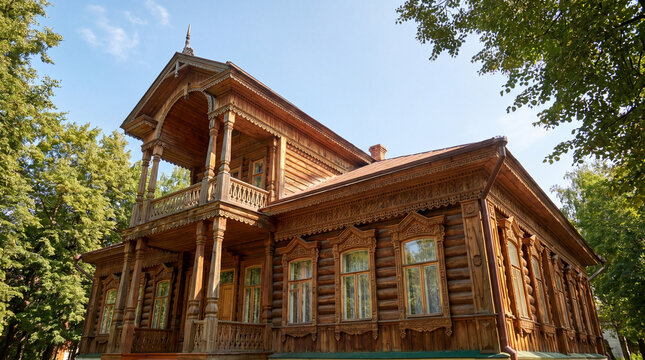 A classic old Russian manor house of the 19th century in summer, a wooden log house with carved architraves on the windows surrounded by trees on a summer day
