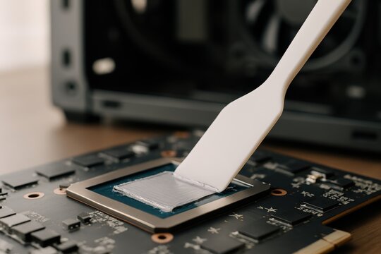 Application of thermal paste on a computer processor during assembly process in a workshop