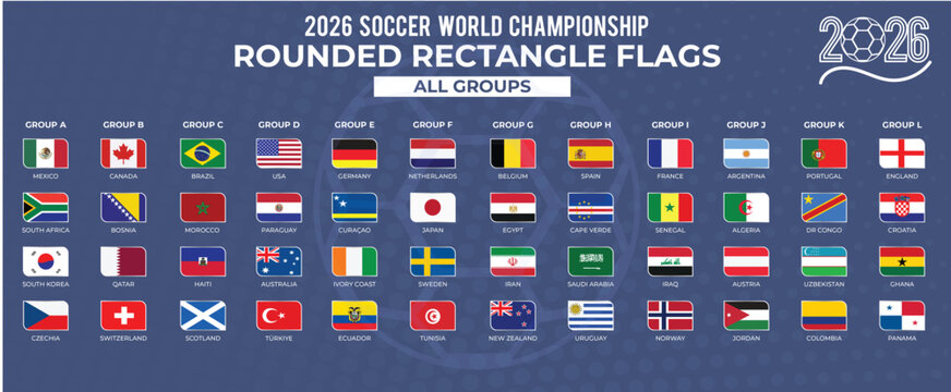 2026 World Football Championship Group Table Template with Rounded Rectangle Flags Collection 
