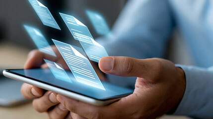Fototapeta na wymiar Close-up of a person using a mobile app for digital document management on a smartphone, mobile DMS concept, on-the-go paperless office, document access anywhere, defocused