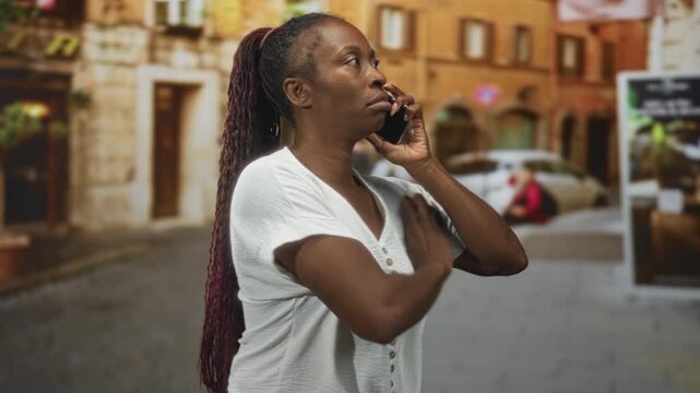 Woman holds smartphone to ear and gestures with hand on cobbled street near parked car; concern resolve.