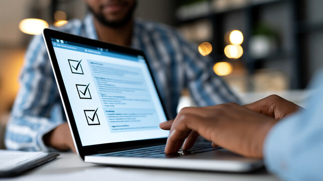 Close-up of a document approval process on a laptop with a person confirming files, paperless workflow efficiency concept, e-approval system, corporate document management,