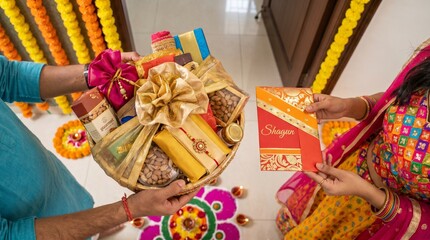 Fototapeta premium Top Angle View of Indian Brother Exchanging Luxury Gift Hamper and Shagun Envelope with His Sister on Rakshabandhan