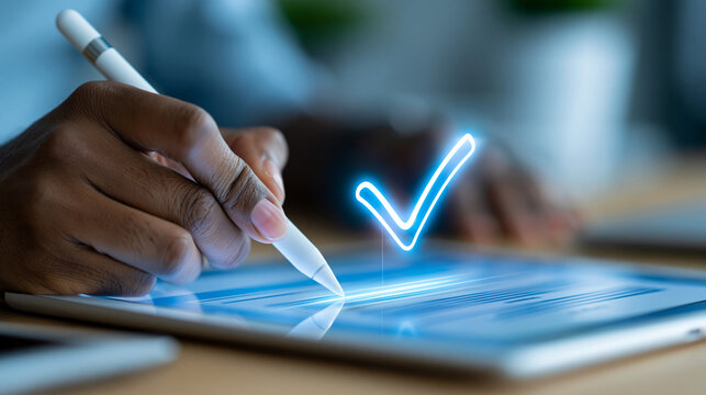 Close-up of a stylus pen signing an electronic document on a tablet with a holographic checkmark appearing, digital signature concept, e-signature technology, secure online
