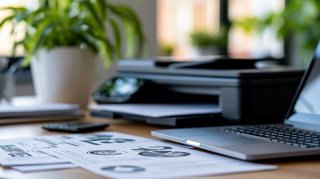 Close-up of a modern office printer with printed documents on a desk in a bright workspace, hybrid office concept, print and digital workflow, modern office equipment, defocused