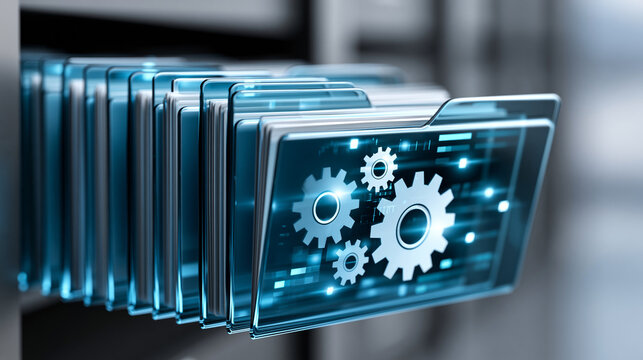 Close-up of a digital document management system showing organized folders and workflow gear automation icons, DMS concept, business data processing, paperless corporate