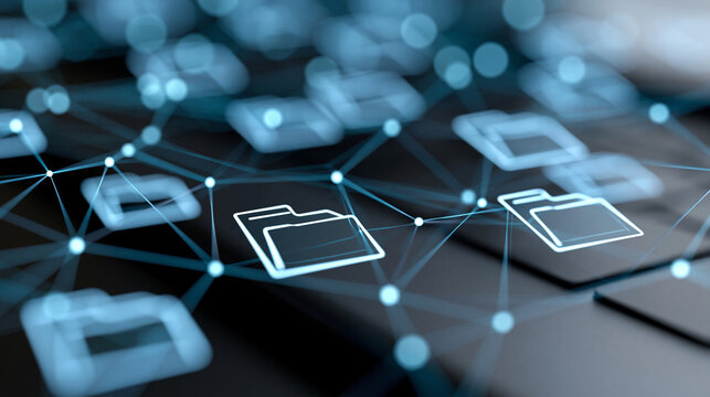 Close-up of an abstract network grid with virtual file and folder icons, futuristic document management interface concept, digital software visualization, paperless corporate