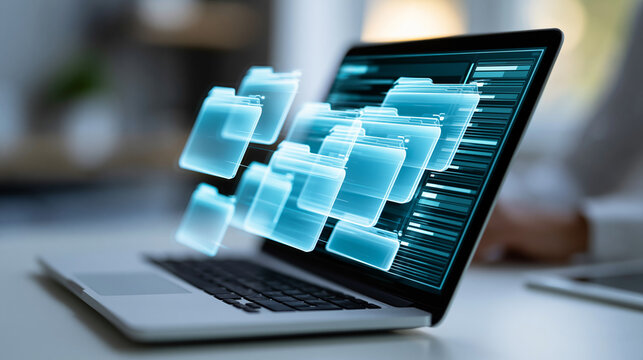Close-up of a laptop managing organized digital documents and folders in a virtual system, secure data storage concept, information management visualization, paperless record