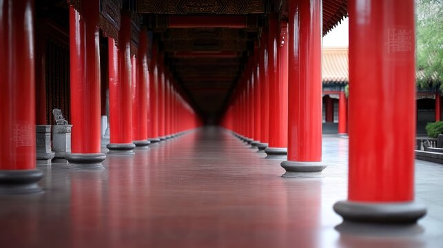 Long Corridor Lined With Vibrant Red Pillars in Asian Temple.