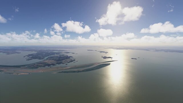 Sunrise aerial drone shot of Poyang Lake. China